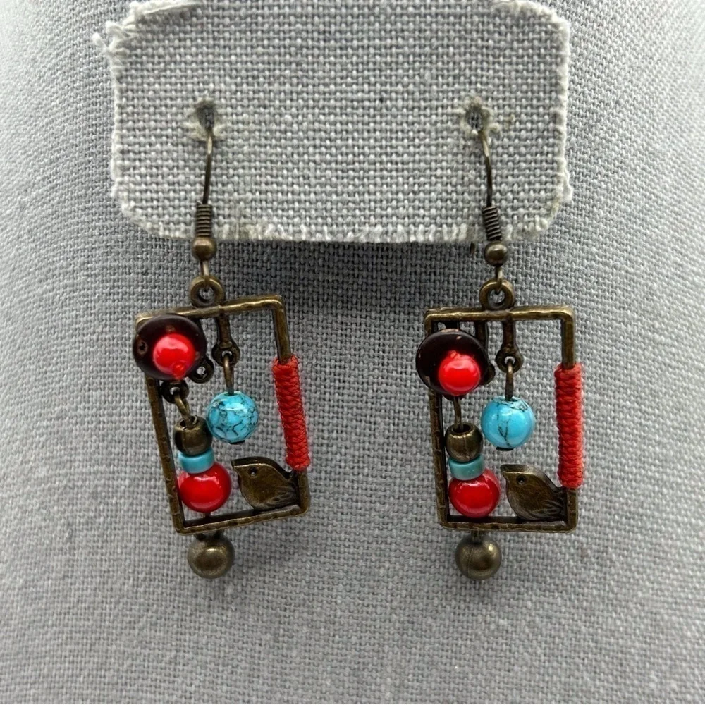 Brown Brass Colored Red & Blue Beaded Abstract Bird Box Drop Dangle Earrings